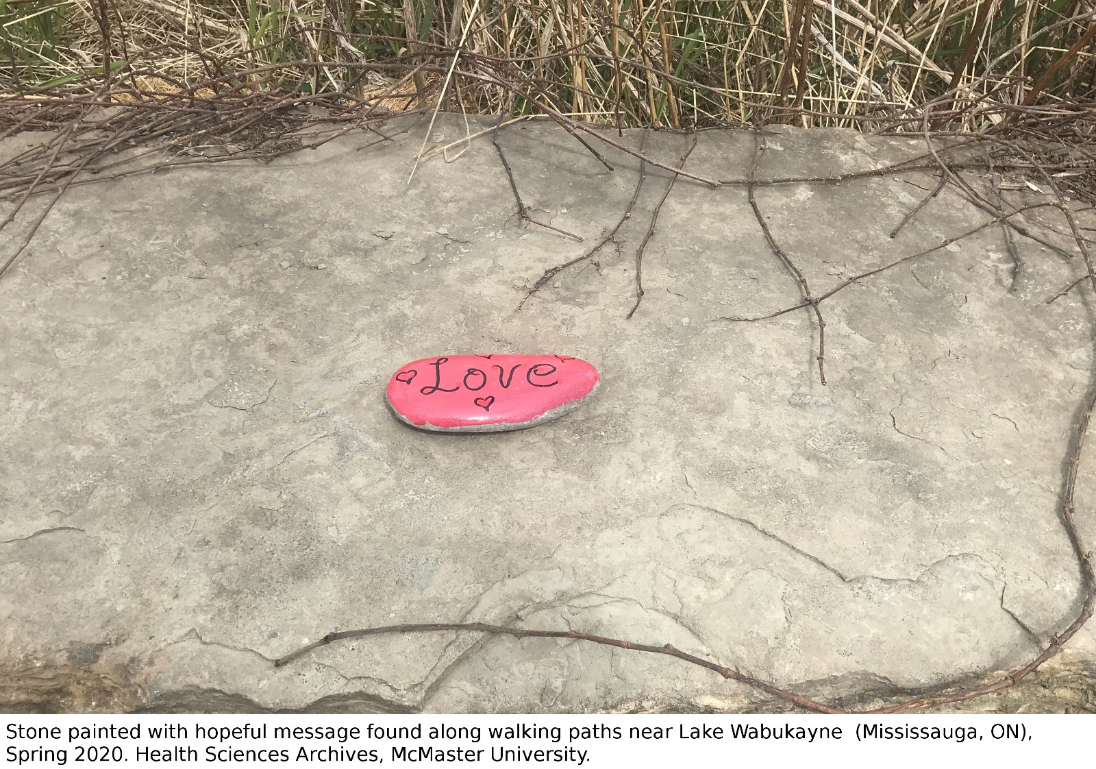 stone painted with hopeful message found along walking paths near Lake Wabukayne (Mississauga, ON), Spring 2020. 