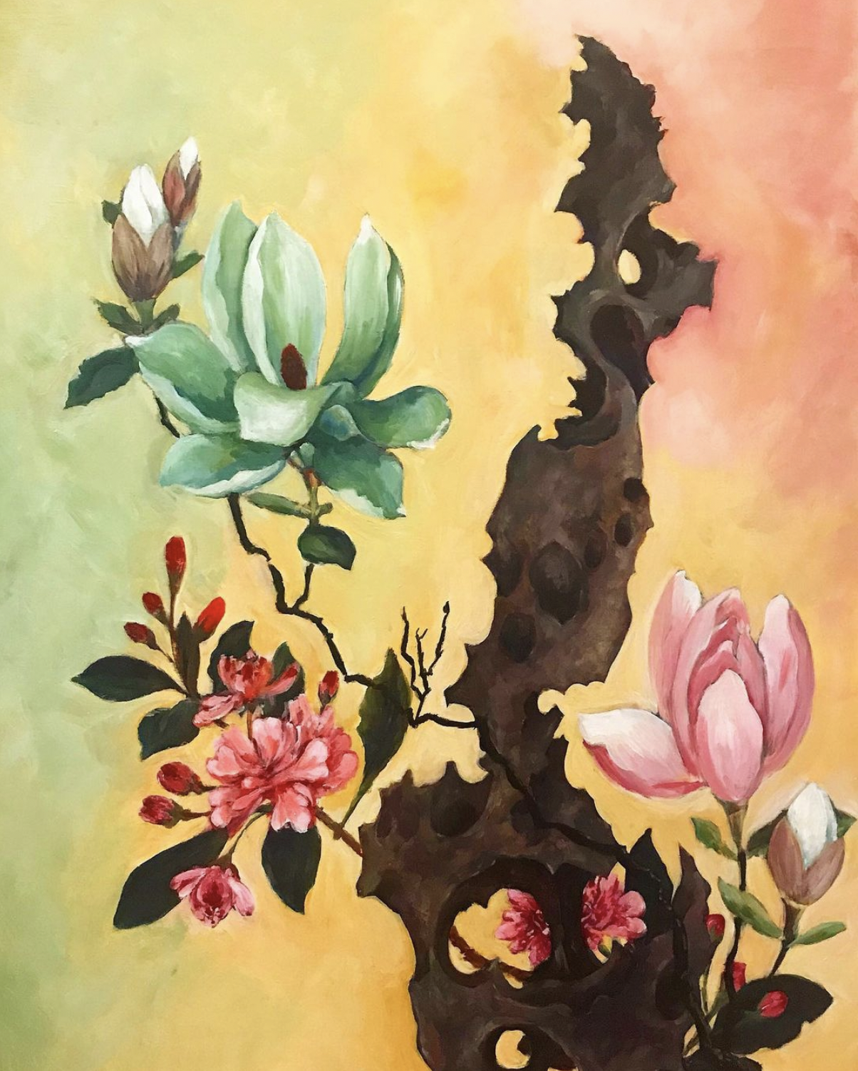 Painting of flowers and rock