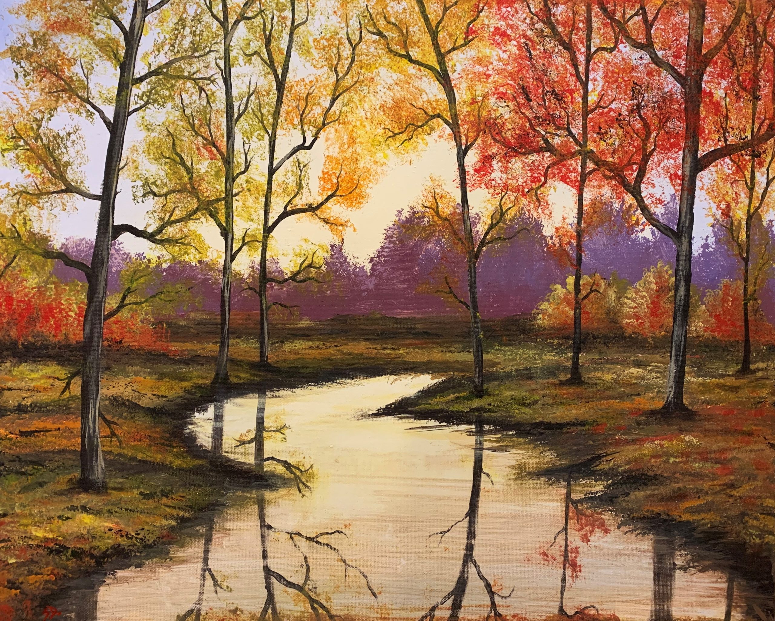 A painting of a creek and trees