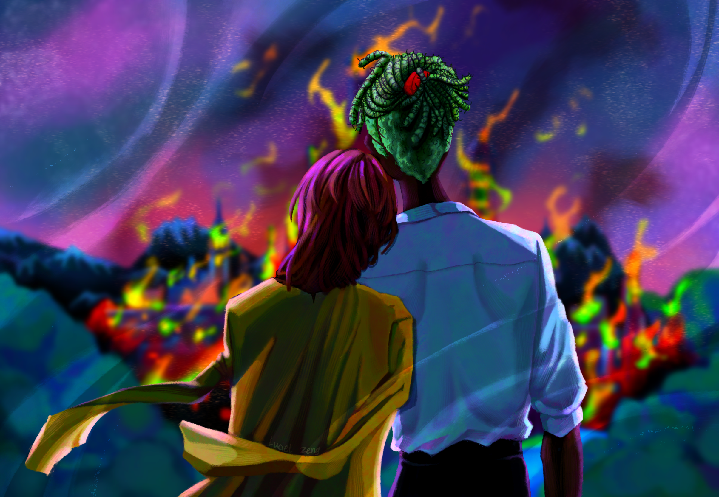 A computer illustration of two people watching a fire.