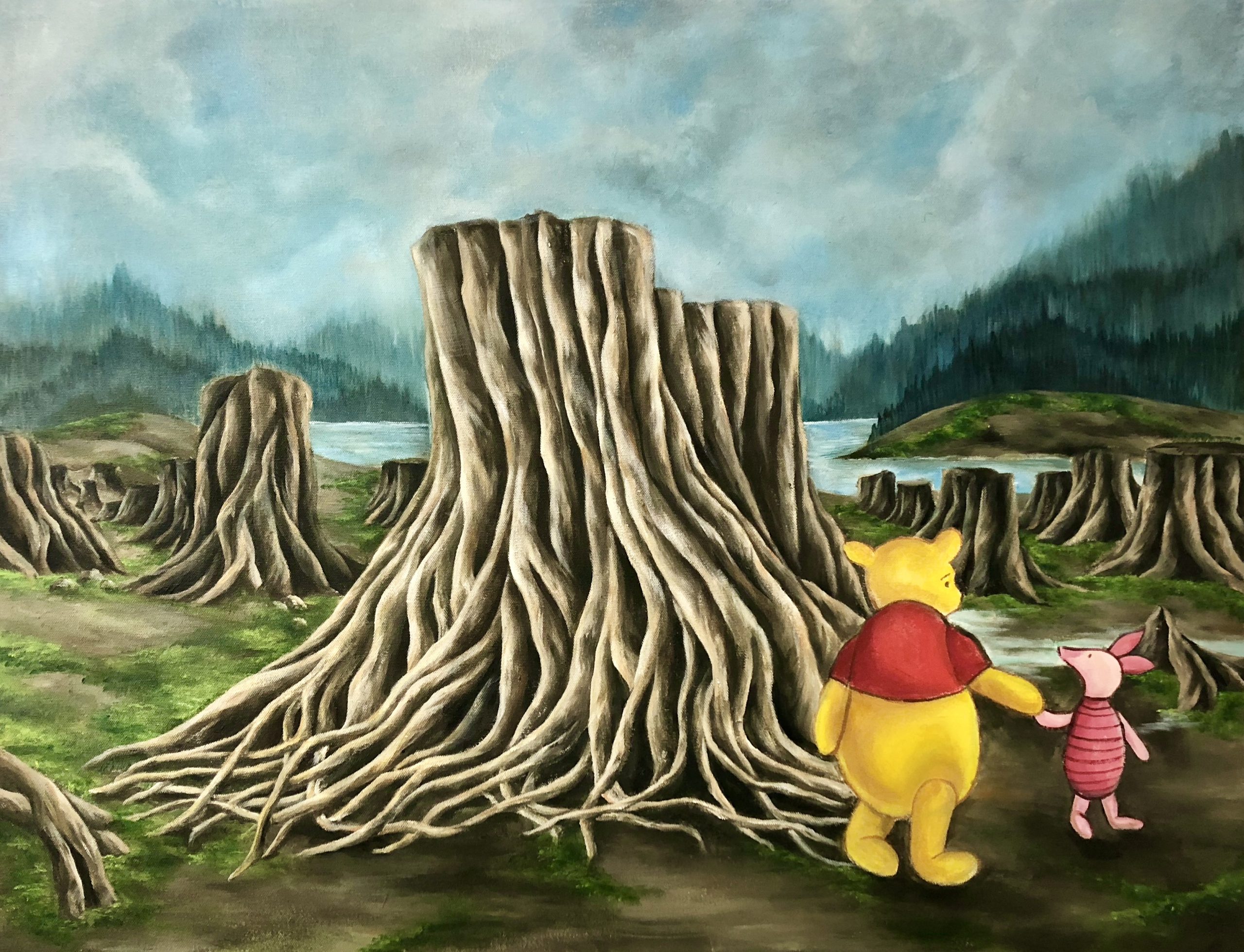 A painting of Winnie the Pooh and Piglet in a destroyed forest.