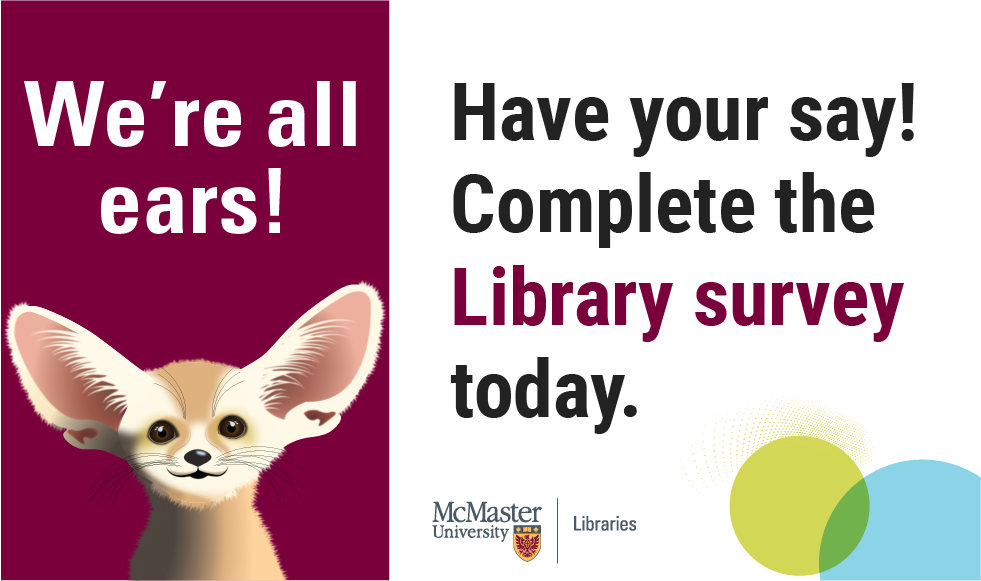 Text says: We're all ears. Have your say, Complete the library survey today.